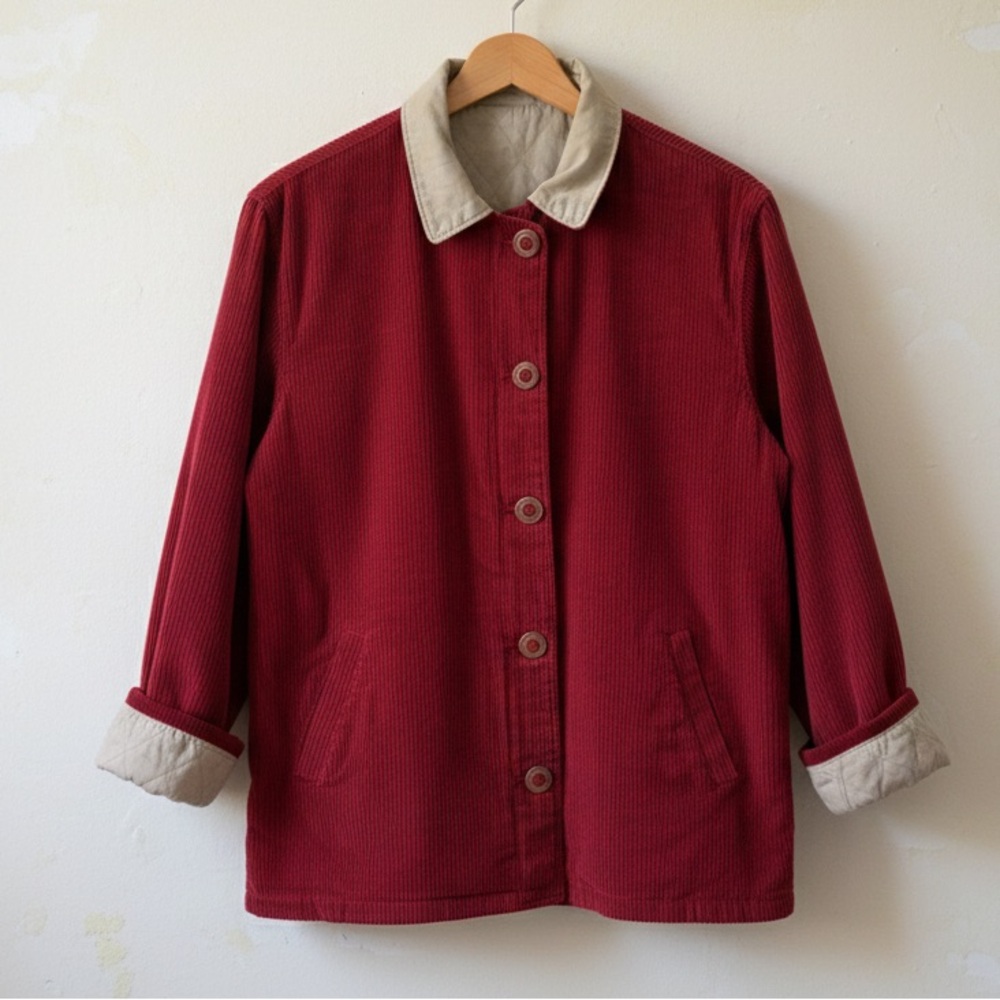VTG Reversible Corduroy & Quilted Barn Jacket Red Tan L/XL Cottagecore OVERSIZED